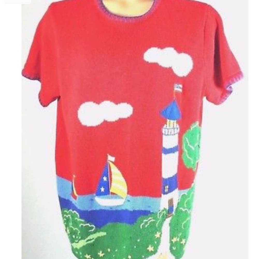 Quacker Factory Red Beach Lighthouse Sweater - image 2